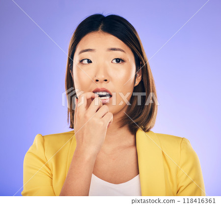 Anxiety, thinking and woman with stress in crisis, accident or mistake in business, startup or choice in professional career. Hand, face and Asian businesswoman to think of solution and decision Anxiety, thinking and woman with stress in crisis, accident or mistake in business, startup or choice in professional career. Hand, face and Asian businesswoman to think of solution and decision 118416361