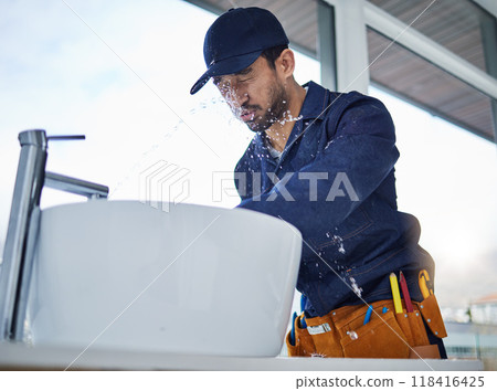 Plumbing, fail and asian man in bathroom with water splash, crisis or basin leak or accident in a house. Faucet, emergency and male plumber with mistake, problem and pipe flood in home repairs Plumbing, fail and asian man in bathroom with water splash, crisis or basin leak or accident in a house. Faucet, emergency and male plumber with mistake, problem and pipe flood in home repairs 118416425