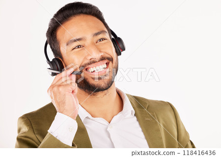 Call center, asian man and smile in studio for customer service, sales advisory and contact us on white background. Face of CRM consultant, IT support or communication of FAQ telemarketing questions 118416436