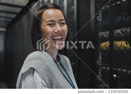 Woman, portrait and happy in server room with information technology, happy in job and datacenter with engineer. Asian female, funny and face with database, cybersecurity and system software upgrade Woman, portrait and happy in server room with information technology, happy in job and datacenter with engineer. Asian female, funny and face with database, cybersecurity and system software upgrade 118416500