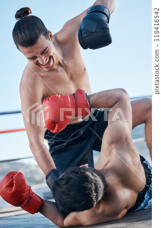 Floor, boxing ring or angry man fighting in sports exercise, workout or match competition in city outside. Ground punch, boxers or fighters fighting in fitness workout or mma battle for self defense Floor, boxing ring or angry man fighting in sports exercise, workout or match competition in city outside. Ground punch, boxers or fighters fighting in fitness workout or mma battle for self defense 118416542