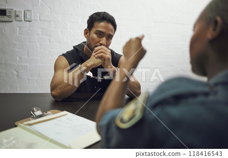 Man, criminal and handcuffs with police for interrogation, crime or money laundering in arrest. Woman officer pointing to male person, gangster or suspect in jail and justice for fraud, theft or scam Man, criminal and handcuffs with police for interrogation, crime or money laundering in arrest. Woman officer pointing to male person, gangster or suspect in jail and justice for fraud, theft or scam 118416543