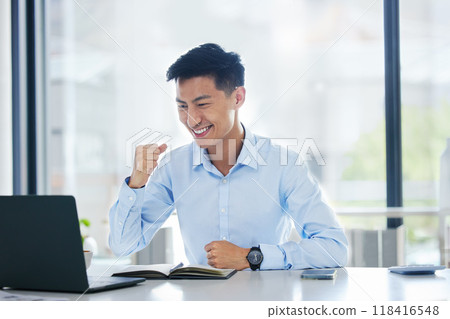 Asian business man, fist celebration and happy for winning, goals or profit on stock market, gambling or esports. Japanese businessman, winner and laptop with happiness, celebrate success and fintech Asian business man, fist celebration and happy for winning, goals or profit on stock market, gambling or esports. Japanese businessman, winner and laptop with happiness, celebrate success and fintech 118416548