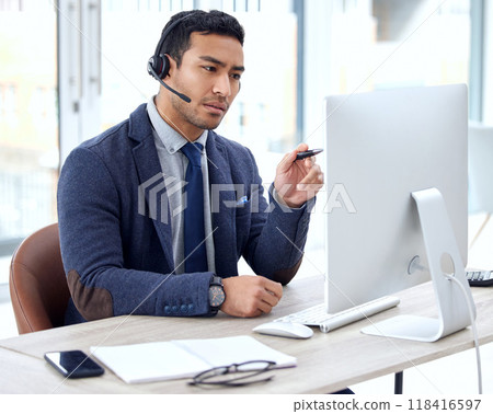 Call center, computer and business man, IT consultant or technical support agent talk, communication and advice. Helping, callcenter and solution of asian person on desktop for information technology 118416597