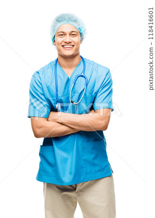 Nurse, portrait and happy man with arms crossed in studio isolated on a white background. Confidence, medical professional and Asian surgeon, doctor and physician from Japan ready for healthcare. 118416601