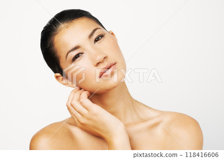 Natural beauty, woman and makeup portrait with skincare and dermatology with mockup. Isolated, white background and young Asian female person with face and skin glow from cosmetics and treatment Natural beauty, woman and makeup portrait with skincare and dermatology with mockup. Isolated, white background and young Asian female person with face and skin glow from cosmetics and treatment 118416606