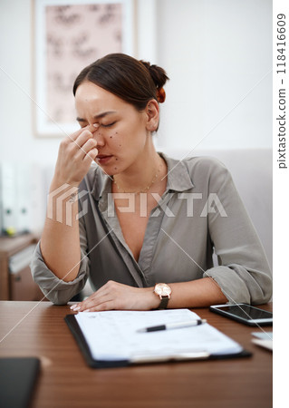 Documents, headache and business woman in office with career burnout, mental health risk and paperwork. Brain fog, problem or pain of asian person or employee for fatigue, stress or anxiety and notes 118416609