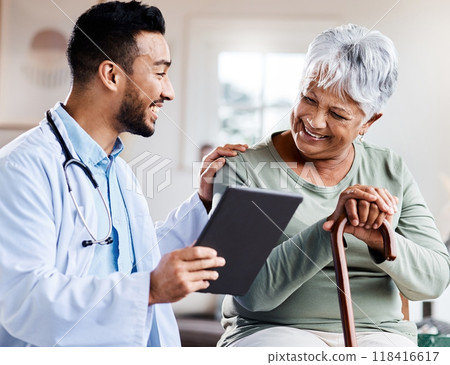 Tablet, happy doctor and senior woman with disability and medical results, health advice or hospital services. Elderly patient, walking stick and consulting of healthcare people on digital technology 118416617