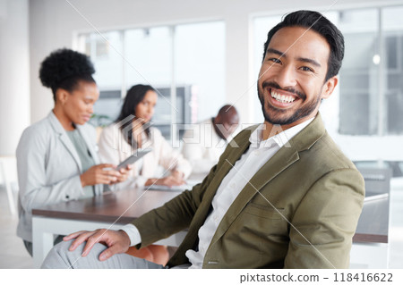 Portrait, meeting and a business man in the boardroom with a positive mindset for planning or strategy. Corporate, professional and vision with a young male employee sitting in his work office Portrait, meeting and a business man in the boardroom with a positive mindset for planning or strategy. Corporate, professional and vision with a young male employee sitting in his work office 118416622