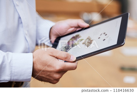 Tablet screen, man hands and online architect design on a software app for digital designer. Industrial, illustration and graphic work of a building developer with tech and construction for job 118416630
