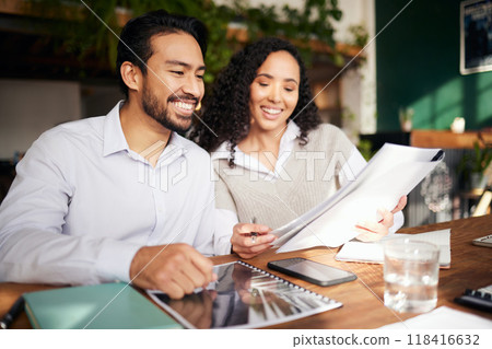 Collaboration, documents and meeting with a business team in the office and working together on a report. Teamwork, planning or strategy with man, woman and employee colleagues at work on a proposal 118416632