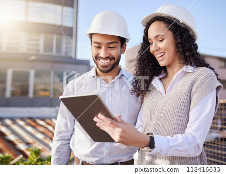Tablet, construction site or happy engineering people in development project planning or collaboration. Teamwork, digital or industrial designer in meeting with a manager for office building strategy 118416633