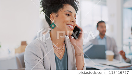 Business, phone call and woman in office smile for networking, communication or deal in coworking space. Smartphone, conversation and happy female manager with startup, deal or contact us negotiation 118416757