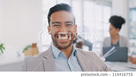 Happy, face or man in meeting with goals, vision or mission for career success in corporate business office. Portrait, leadership or Asian worker smiles with pride for planning a development project 118416758