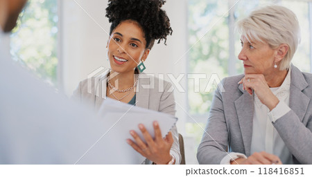 Business woman, team interview and documents for human resources meeting in job recruitment, hiring or onboarding. Professional HR people speaking to employee with CV, resume or portfolio feedback Business woman, team interview and documents for human resources meeting in job recruitment, hiring or onboarding. Professional HR people speaking to employee with CV, resume or portfolio feedback 118416851