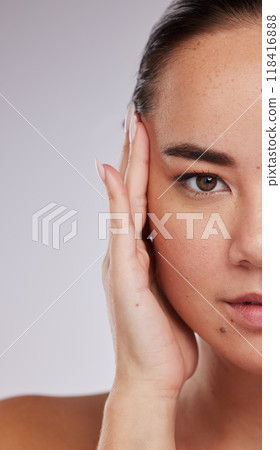 Skincare, portrait and woman in studio for beauty, grooming and cosmetic on grey background. Face, half and closeup of asian girl model relax, eye lift and anti aging skin treatment isolated 118416888