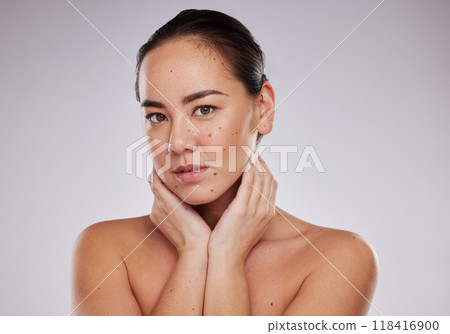 Beauty, face and portrait of a woman in studio for skincare, dermatology and cosmetic for skin glow. Aesthetic asian model person with makeup shine and luxury self care facial grey background 118416900