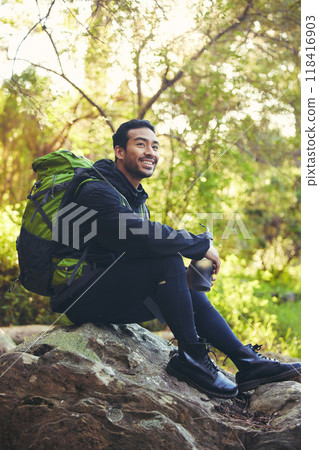 Relax, hiking or water bottle in woods, nature forest or fitness environment for break, electrolytes or Japanese healthcare. Hiker man, backpacker or sports drink in rest, recovery or happy workout Relax, hiking or water bottle in woods, nature forest or fitness environment for break, electrolytes or Japanese healthcare. Hiker man, backpacker or sports drink in rest, recovery or happy workout 118416903