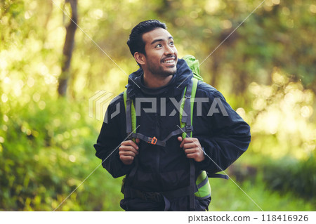 Asian man, backpacker or hiking in nature forest, trekking woods or Japanese trees in adventure workout or fitness exercise. Smile, happy or environment hiker in travel freedom or healthcare mock up 118416926