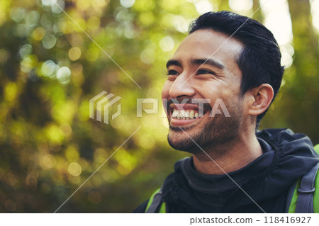 Japanese man, backpacker and hiking in nature forest, trekking woods or trees in adventure, workout or fitness exercise. Smile, happy and environment hiker for travel freedom or healthcare wellness 118416927