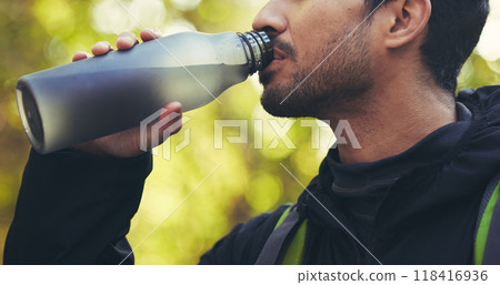 Man, hiking or drinking water in nature forest, woods or fitness environment for break, electrolytes or healthcare wellness. Hiker, backpacker or sports bottle for rest, recovery or thirsty workout 118416936