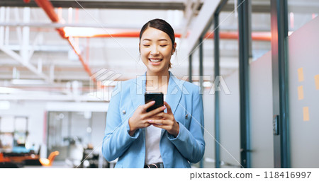 Corporate, smile and Asian woman with a smartphone, typing and connection with worker, social media and internet. Japanese person, professional and consultant with a cellphone, website info and app 118416997