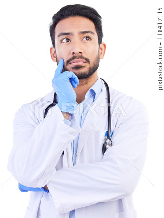 Thinking, doctor and studio with hospital, healthcare and medical vision with focus. Isolated, white background and scientist ideas for clinic and support with male expert and professional in thought Thinking, doctor and studio with hospital, healthcare and medical vision with focus. Isolated, white background and scientist ideas for clinic and support with male expert and professional in thought 118417115