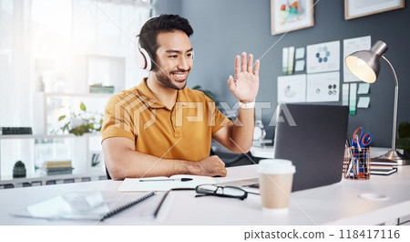 Man, headphones and laptop, video conference with smile and wave hello, remote work with webinar. Communication, working from home and virtual meeting seminar, happy male freelancer and internet Man, headphones and laptop, video conference with smile and wave hello, remote work with webinar. Communication, working from home and virtual meeting seminar, happy male freelancer and internet 118417116