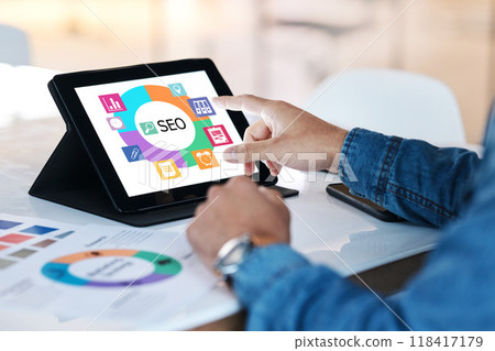 Hands, business and tablet screen for seo, networking and graphic of target audience research. Closeup worker, person or technology of search engine optimization, paper and planning digital marketing Hands, business and tablet screen for seo, networking and graphic of target audience research. Closeup worker, person or technology of search engine optimization, paper and planning digital marketing 118417179