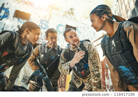 Paintball game, group strategy and team discussion, conversation or battlefield meeting about military mission. Teamwork communication, huddle and people talking about war planning, battle or tactics 118417190