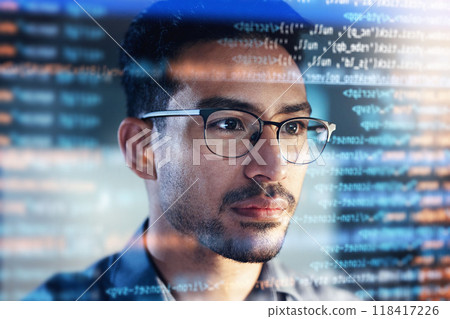 Software, coding hologram and man thinking of data analytics, night cybersecurity and 3d screen overlay. Programmer or IT person in glasses reading html script, programming and cybersecurity research 118417226
