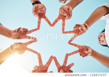 Star, hands and business people with peace sign on sky background for teamwork, solidarity or commitment from blow. V, sign and team with emoji shape in collaboration, partnership or goal motivation Star, hands and business people with peace sign on sky background for teamwork, solidarity or commitment from blow. V, sign and team with emoji shape in collaboration, partnership or goal motivation 118417237