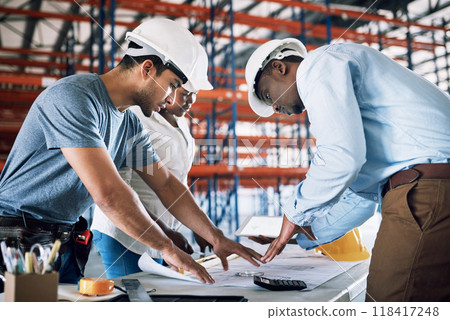 Business people, blueprint and documents in team construction, planning or architecture on site. Architect group in meeting discussion or engineering on floor plan, brainstorming or building strategy 118417248