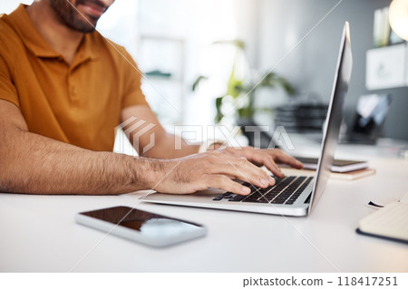Hands typing, laptop and office with man, planning schedule or research on internet for seo job. Businessman, computer and website management in startup company with analysis, report or communication Hands typing, laptop and office with man, planning schedule or research on internet for seo job. Businessman, computer and website management in startup company with analysis, report or communication 118417251