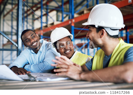 Business people, architect team and blueprint in meeting for construction, planning or brainstorming on site. Happy contractor in teamwork, project plan or collaboration for industrial architecture 118417266