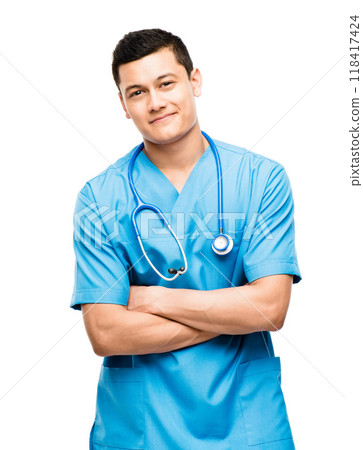 Portrait, nurse and confident man with arms crossed in studio isolated on a white background. Face, medical professional worker and Asian surgeon, doctor or physician ready for healthcare in Japan. Portrait, nurse and confident man with arms crossed in studio isolated on a white background. Face, medical professional worker and Asian surgeon, doctor or physician ready for healthcare in Japan. 118417424