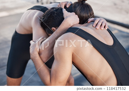 Fitness, gym and training with men and wrestling match for fight, championship and action. Sports, workout and exercise with people and huddle in outdoor for games, health and grappling competition 118417532
