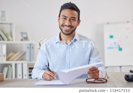 Business man, paperwork and portrait in a office at startup and insurance management job. Company, professional and male employee with smile from contract, deal and corporate consultant work at desk 118417553