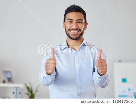 Thumbs up, success and portrait of business man in office for achievement, winner and agreement. Good luck, thank you and vote with male employee and hand gesture for target, goals and feedback Thumbs up, success and portrait of business man in office for achievement, winner and agreement. Good luck, thank you and vote with male employee and hand gesture for target, goals and feedback 118417560