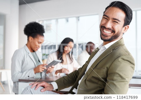 Portrait, meeting and a business man in the office with a positive mindset for planning or strategy. Corporate, professional and vision with a young male employee sitting in his work boardroom 118417699