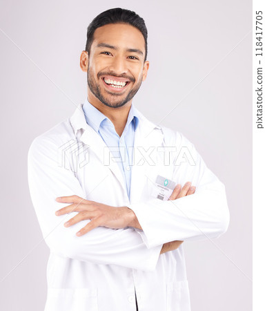 Man, portrait and scientist smile with arms crossed in studio isolated on a white background. Confidence, face and Asian doctor of science, research expert or happy medical professional from Cambodia 118417705