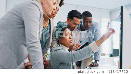 Teamwork, computer planning and collaboration of business people in company for data in office. Tech idea, communication and group of staff working together on website management project for app 118417720