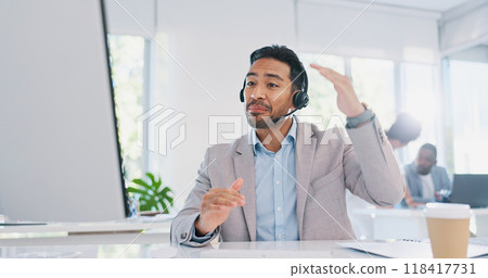 Customer service, call center advice and man consulting in office with conversation and web help. Crm, internet support and telemarketing worker or agent talking with networking and communication Customer service, call center advice and man consulting in office with conversation and web help. Crm, internet support and telemarketing worker or agent talking with networking and communication 118417731