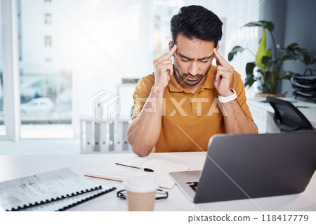 Burnout, laptop error or business man with migraine problem, pain or stress from software system glitch. Mental health, office crisis or person depressed over mistake, medical emergency or audit fail 118417779