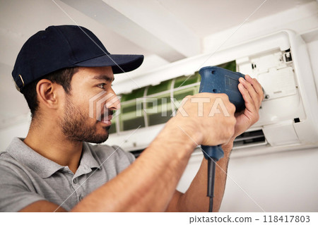 Maintenance, air conditioning service and man with drill, working on ventilation filter or ac repair. Contractor, handyman or electric aircon machine expert problem solving cleaning dust and tools. Maintenance, air conditioning service and man with drill, working on ventilation filter or ac repair. Contractor, handyman or electric aircon machine expert problem solving cleaning dust and tools. 118417803
