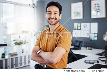 Office portrait, arms crossed and business man, worker or happy for career, job agency or work satisfaction. Professional, pride and Asian person with startup happiness, entrepreneurship or success Office portrait, arms crossed and business man, worker or happy for career, job agency or work satisfaction. Professional, pride and Asian person with startup happiness, entrepreneurship or success 118417804