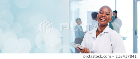 Portrait, banner and black woman with tablet, business with bokeh in office management and smile. Face, info space and happy employee with digital app, schedule and online consultant with overlay Portrait, banner and black woman with tablet, business with bokeh in office management and smile. Face, info space and happy employee with digital app, schedule and online consultant with overlay 118417841