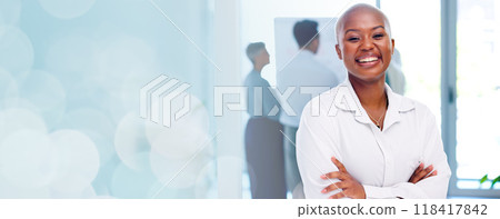 Portrait, overlay and black woman with confidence, mockup bokeh and office management with smile. Face, banner space and happy businesswoman with arms crossed, pride and business recruitment agency. 118417842