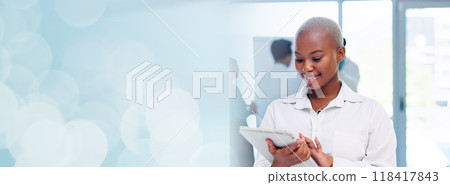 Business banner and black woman with tablet, mockup with bokeh in office management and smile. Face, info space and happy businesswoman with digital app, schedule and networking online with overlay. 118417843