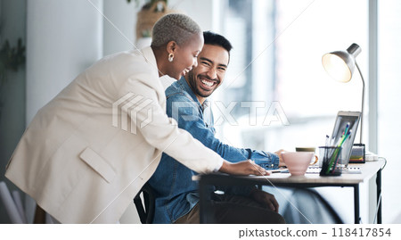 Business people, team and laughing on laptop in office for planning happy project, information and collaboration. Man, woman and diversity of employees smile for funny joke on computer tech in agency 118417854